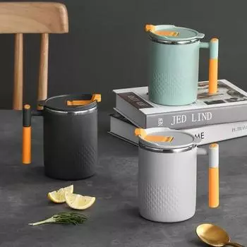 Портативная двухслойная кружка для кофе с защитой от ожогов из нержавеющей стали 304 с ручкой и крышкой, герметичные термокружки 450ml