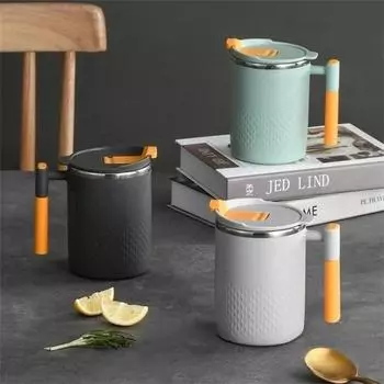 Портативная двухслойная термостойкая кофейная чашка, стакан для воды из нержавеющей стали 304 с ручкой и крышкой, термос с защитой от протечек зелёный