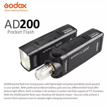 Портативная карманная вспышка Godox AD200 Mini TTL Speedlite с 2 головками GN52 GN60 1/8000s HSS