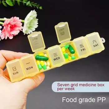 Портативная коробка для таблеток с дневным принтом, 7 независимых сеток, пылезащитная, влагостойкая, прозрачная крышка, органайзер для путешествий, командировок, таблеток, медицина синий