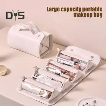 Портативная косметичка с 4 прозрачными карманами, складная, большой емкости, из искусственной кожи, для путешествий, деловых поездок, домашнего офиса, школы, путешествий, туалетные принадлежности серый