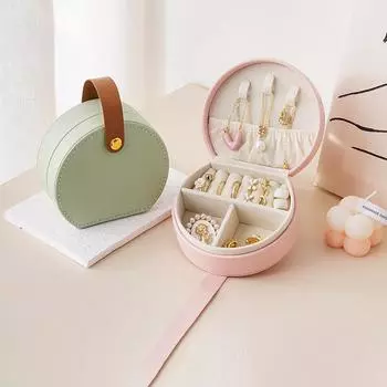 Портативная круглая шкатулка для украшений, ожерелий, сережек, колец, органайзер для украшений, дорожный футляр для украшений, коробки для хранения из искусственной кожи зелёный