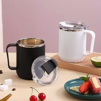 Портативная кружка для кофе из нержавеющей стали с двухслойной крышкой для домашнего офиса, термокружка для молока, воды, пива, кухонная посуда для напитков 460ml чёрный