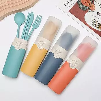 Портативная многоразовая ложка, вилка, палочки для пикника, дорожная посуда из пшеничной соломы, набор столовых приборов с переносной коробкой для студенческого офиса