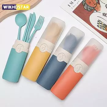 Портативная посуда из пшеничной соломы, нож, вилка, ложка, палочки для еды, набор столовой посуды с коробкой для хранения, студенческие дорожные столовые приборы для барбекю, вечеринки оранжевый