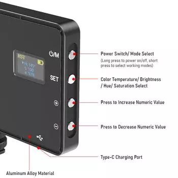 Портативная RGB-видеолампа, светодиодная заполняющая панель 3000K8500K с регулируемой яркостью, 12 световых эффектов CRI97+ чёрный