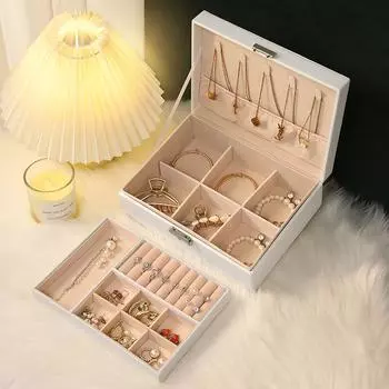 Портативная шкатулка для косметики принцессы, маленькая простая шкатулка для сережек, браслета, кольца, двухслойная шкатулка для хранения ожерелий чёрный