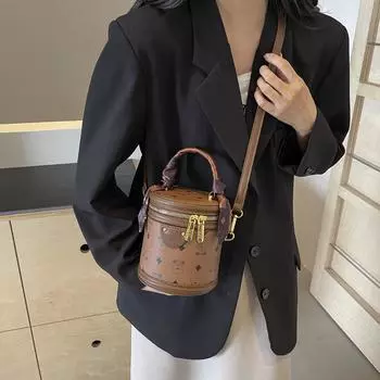 Портативная сумка-ведро с принтом в стиле ретро, женская, 2024 года, новая универсальная модная сумка-мессенджер, сумка-цилиндр, сумка для мобильного телефона 13*12*15