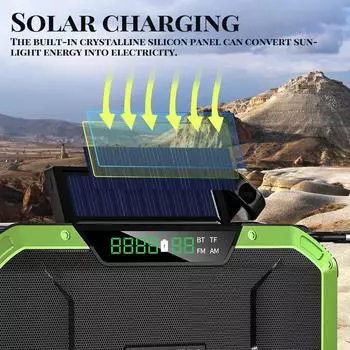 Портативное радио с рукояткой, многофункциональный IPX6, водонепроницаемый уличный аварийный FM-радио, динамик BT с зелёный