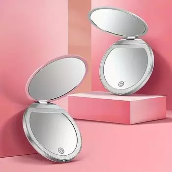 Портативное светодиодное дорожное зеркало для макияжа с 2-кратным увеличением и трехуровневым затемнением — двустороннее, портативное, компактное и складное