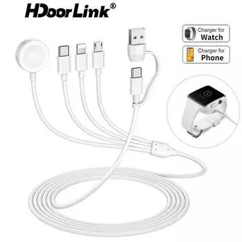 Портативное зарядное устройство HdoorLink USB 6 в 1, кабель для зарядки часов и телефона, мульти-USB шнур для зарядки типа A/Type-C, магнитные кабели для зарядного устройства для серии I Watch iphone 15 Style I белый