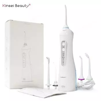 Портативный электрический ирригатор для полости рта, 3 режима, перезаряжаемый ирригатор для полости рта, водная зубная нить, 4 насадки для струи воды, инструмент для ухода за зубами белый