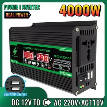 Портативный автомобильный инвертор мощностью 300 Вт/4000 Вт с постоянным током 12 В в переменный ток 110 В/220 В, два порта USB/переменного тока для кемпинга и бытовой техники на открытом воздухе. Аккумулятор в комплект не входит.