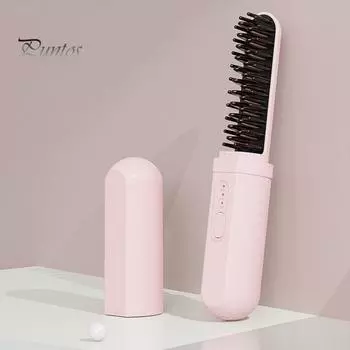 Портативный беспроводной выпрямитель для волос с 3 регулируемыми температурами, быстрый нагрев, перезаряжаемый через USB, горячая щетка с отрицательными ионами, электрическая укладка вьющихся волос розовый