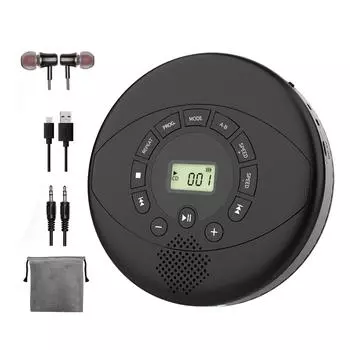 Портативный Bluetooth CD-плеер со встроенным динамиком, стерео, персональный MP3-плеер Walkman, 2000 мАч, перезаряжаемый разъем для наушников USB/SAUX чёрный