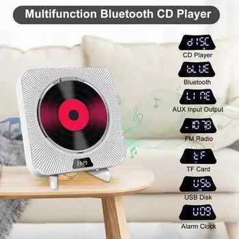 Портативный Bluetooth настенный CD-плеер для музыки Домашний аудиодинамик с пультом дистанционного управления Белый