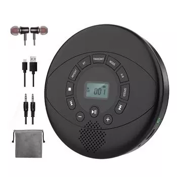 Портативный CD-плеер Bluetooth CD Walkman Встроенные динамики Перезаряжаемый CD-плеер с портом USB/AUX/наушников с наушниками 1pcs чёрный