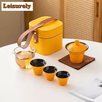 Портативный дорожный чайный набор Zen Tea Set, полный набор, 1 чайник, 3 чашки, домашний чай, пикник, походная кожаная сумка-тоут из ПУ, подарок