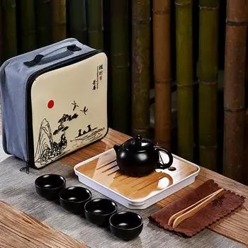 Портативный керамический чайный сервиз, уличный дорожный чайник кунг-фу с бамбуковым подносом для чая, большая сумка, дорожный набор чашек, чайник Пуэр Улун