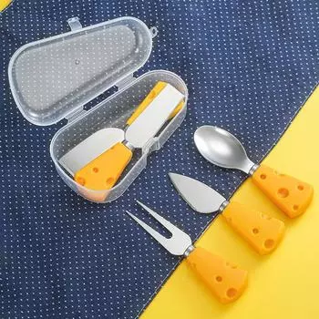 Портативный милый нож в форме сыра с ручкой и вилкой, набор посуды из нержавеющей стали, инструменты для резки стейка, кухонные принадлежности