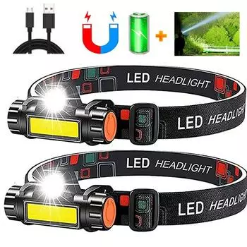 Портативный мини мощный фонарик Q5 + COB светодиодный налобный фонарь со встроенным аккумулятором 18650, магнитная фара, бесступенчатое затемнение, рабочая лампа 1 PCS чёрный