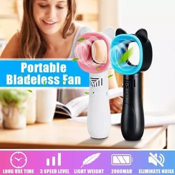 Портативный мини-мультяшный безлопастной вентилятор, портативный с основанием, стоящий на столе, 3 уровня скорости вентилятора, перезаряжаемый через USB розовый