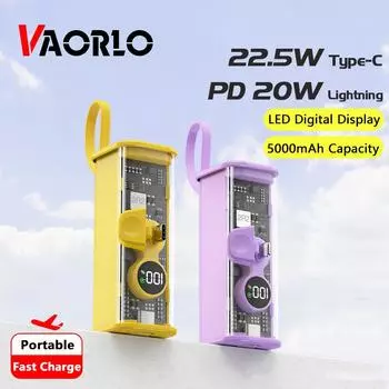 Портативный мини-Power Bank VAORLO, 5000 мАч для Type-C, быстрая зарядка с молнией, 22,5 Вт, PD 20 Вт, супер зарядка, светодиодный цифровой дисплей Lightning зелёный
