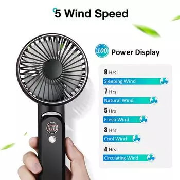 Портативный мини-вентилятор Ручной вентилятор с аккумулятором USB Перезаряжаемый вентилятор 180 ° Складной бесшумный стол Ручной вентилятор для кемпинга Офис на открытом воздухе чёрный