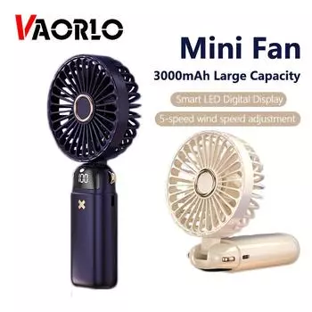 Портативный мини-вентилятор VAORLO, складной ручной вентилятор, 5 регулировок скорости ветра, светодиодный цифровой дисплей, уличный, 3000 мАч, большая емкость белый