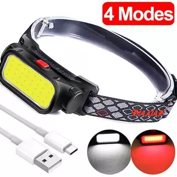Портативный мощный светодиодный налобный фонарь с 4 режимами зарядки через USB, водонепроницаемый налобный фонарь COB с красным светом для ночной рыбалки