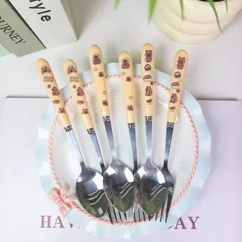 Портативный мультяшный капибара из нержавеющей стали столовые приборы двухпредметный набор вилка ложка студенческие наборы посуды кухонная посуда One Size