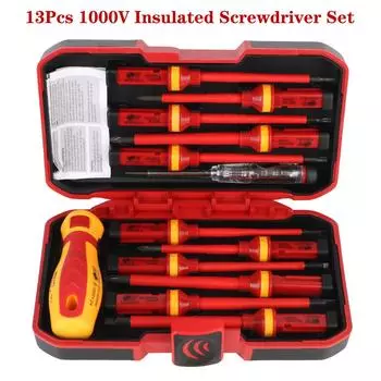 Портативный набор отверток для ремонта автомобиля, 13 шт. в наборе с чехлом, магнитная головка в форме цветка сливы 1000 В, шлицевая головка, удобный инструмент электрика 13PCS красный