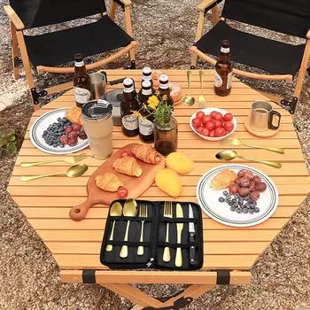 Портативный набор посуды из нержавеющей стали для пикника на открытом воздухе, дорожная посуда для кемпинга, нож для стейка, вилка и ложка 6set чёрный