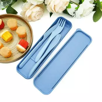 Портативный набор столовых приборов из пшеницы, нож, вилка, ложка с дорожной коробкой для столовой посуды, студенческий детский набор столовых приборов, кухонный набор посуды для барбекю синий