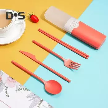 Портативный набор столовых приборов с коробкой для хранения, ложка, вилка, палочки для еды, резак, удобная ручка, набор столовых приборов для кемпинга, пикников, путешествий оранжевый