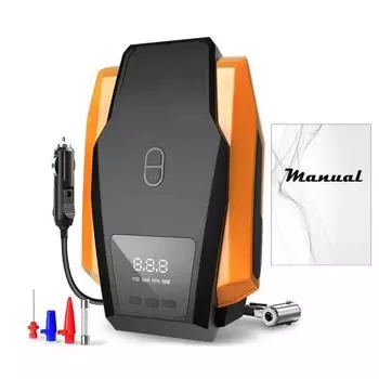 Портативный накачиватель шин 12 В со светодиодной подсветкой, универсальный воздушный насос в комплекте, 3 насадки для автомобильных шин, спортивное оборудование оранжевый