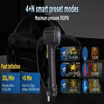 Портативный насос для накачивания шин, воздушный компрессор 12 В 120 Вт, USB, беспроводной, электрический, цифровой насос для шин со светодиодной подсветкой для автомобилей, мотоциклов, велосипедов 21 x 18 x 5 cm чёрный
