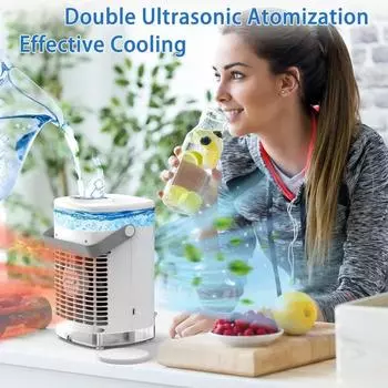 Портативный охладитель воздуха, настольный вентилятор охлаждения с 4 скоростями и цветной подсветкой, умный вентилятор кондиционера с функцией холодного тумана и таймером на 2–8 ч белый