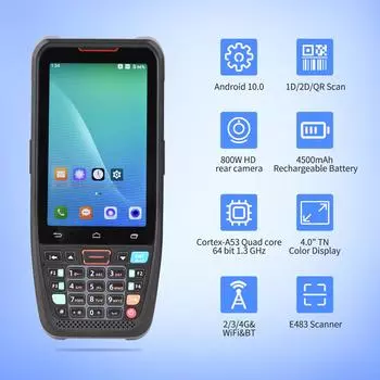 Портативный POS-терминал Android 10.0 PDA, сканер штрих-кодов 1D/2D/QR, поддержка связи 2/3/4G WiFi BT с 4,0-дюймовым сенсорным экраном чёрный