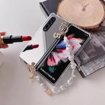 Портативный противоударный чехол для телефона Diy с нерегулярным жемчугом и цепочкой на руку, зеркало для макияжа для Samsung Galaxy Z Fold 4 3 5g For Samsung Z Fold 3