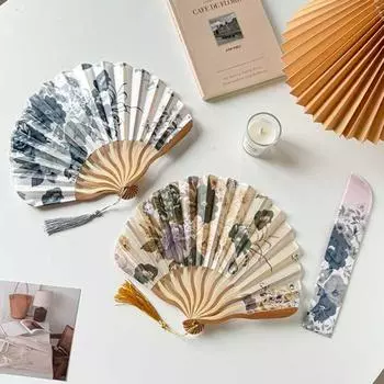 Портативный складной веер, новый китайский танцевальный реквизит, ретро-веер из ракушек для женщин и мужчин, бамбуковый деревянный шелковый цветочный складной веер