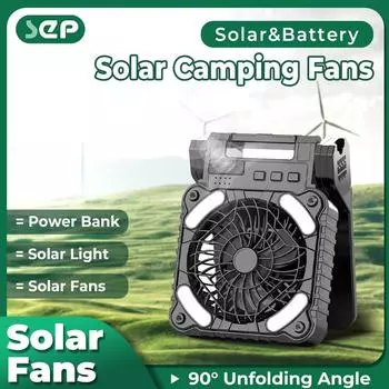 Портативный солнечный вентилятор, перезаряжаемый солнечный вентилятор для кемпинга, 4 скорости, 4 таймера, тихий, со светодиодным фонарем для пикника, рыбалки 5V&5200mAh