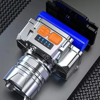 Портативный светодиодный фонарик на голову, водонепроницаемый, мощный, с возможностью зарядки от USB, для кемпинга, с дисплеем питания серебряный