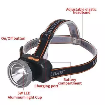 Портативный светодиодный налобный фонарь с зарядкой от USB и встроенным аккумулятором 18650 для кемпинга, рыбалки и отдыха на природе с 3 режимами освещения