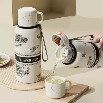 Портативный термос-чашка Gardenia из нержавеющей стали с отверстием для слива чая, большой емкости, спортивный чайник для заваривания чая, отлично подходит для путешествий на свежем воздухе 501-600ml белый