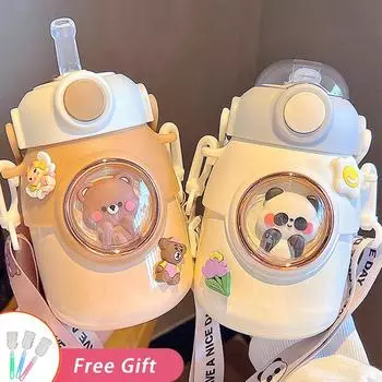 Портативный термос с соломенной крышкой, дорожная термокружка, креативные мультяшные термосы, кавайный детский стакан, милая бутылка для воды для девочек without sticker розовый