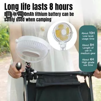 Портативный вентилятор для коляски с гибким штативом, 3 скорости, малошумный, вращающийся на 360 градусов, прикрепляемый вентилятор с батарейным питанием белый