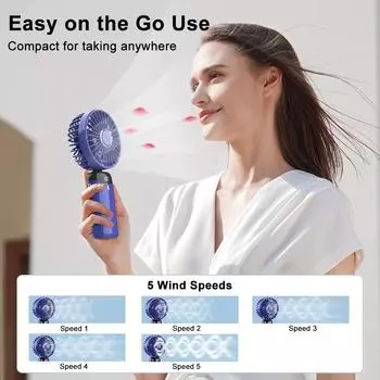 Портативный вентилятор, мини-ручной вентилятор, портативный складной подвесной вентилятор на шею, 5-скоростной USB-перезаряжаемый складной маленький вентилятор с дисплеем фиолетовый