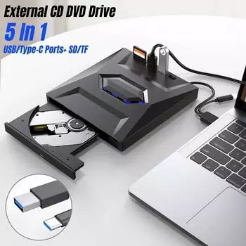 Портативный внешний оптический привод USB 3.0 Type-C, записывающее устройство для компакт-дисков/DVD, проигрыватель компакт-дисков/VCD/DVD, устройство чтения SD-карт для ноутбуков/ПК/MacBook, ОС Windows Linux чёрный