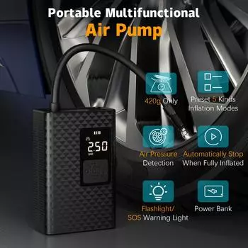 Портативный воздушный компрессор для автомобильных шин, быстрый воздушный насос, насос для накачивания шин, точный цифровой дисплей давления чёрный